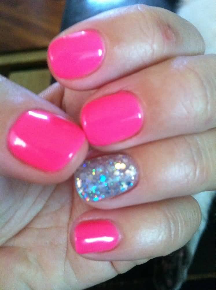 Neon Pink Nails With Silver Glitter Accent Nail Art Idea
