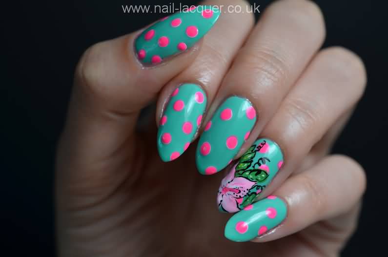 Neon Polka Dots Nails With Flowers Accent Nail Art