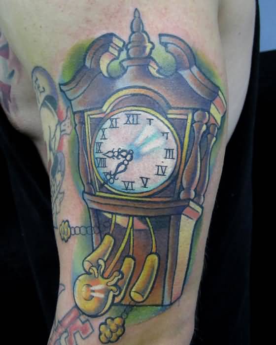 Nice Grandfather Clock Tattoo On Left Sleeve