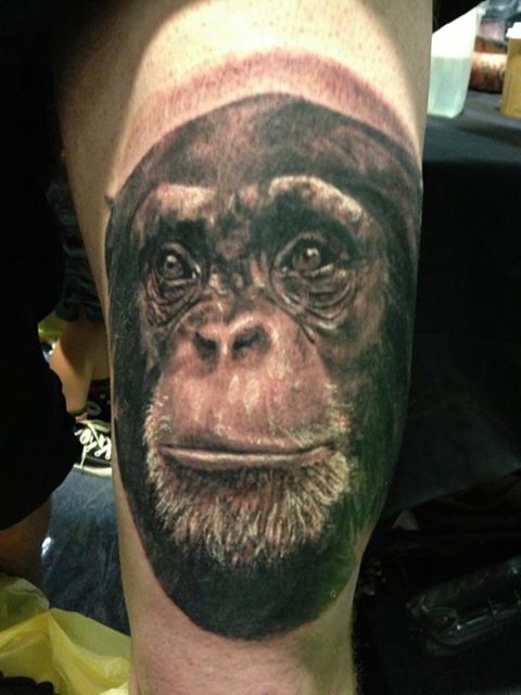 Nice Grey Ink Chimpanzee Tattoo On Left Thigh