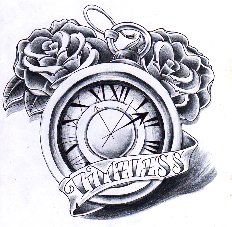 Nice Grey Rose And Simple Clock Tattoo Design With Timeless Banner