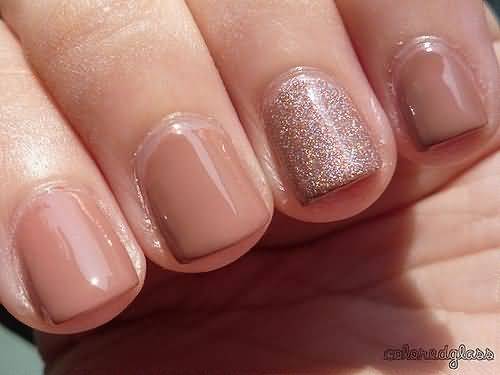 Nude Manicure With Glitter Accent Nail