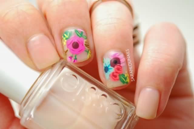 Nude Nails With Colorful Flowers Accent Nail Art