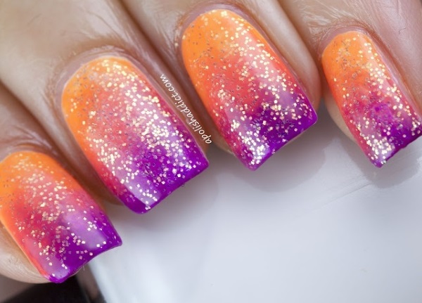 Orange And Purple Glitter Ombre Nail Art Design