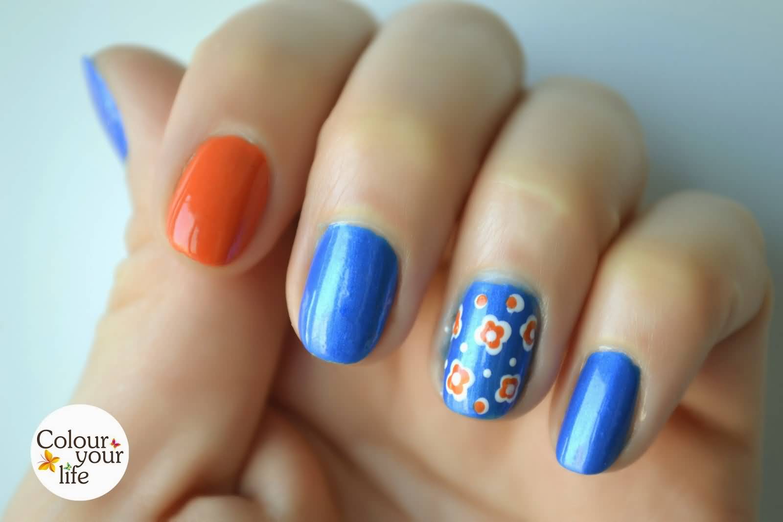 Orange Flowers On Blue Nails Accent Nail Art