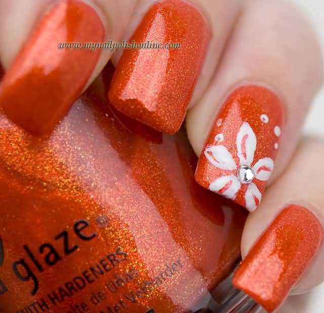 Orange Gel Nails With White Flower And Rhinestone Accent Nail Art