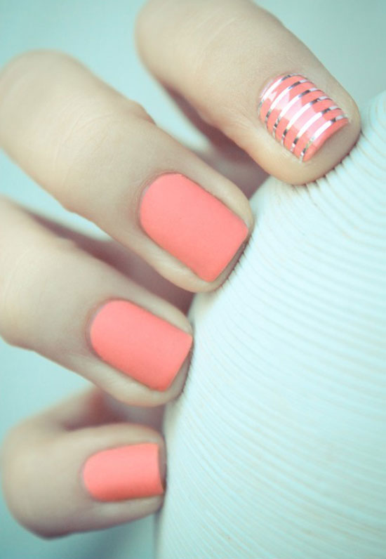 Orange Nails With Silver Stripes Accent Nail Art