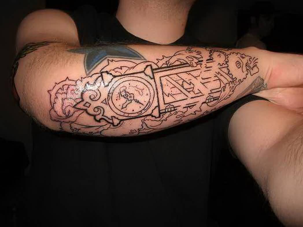 Outline Grandfather Clock Tattoo On Right Sleeve