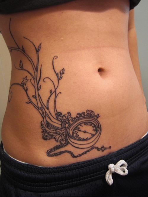 Outline Roots Clock Tattoo On Girl Hip