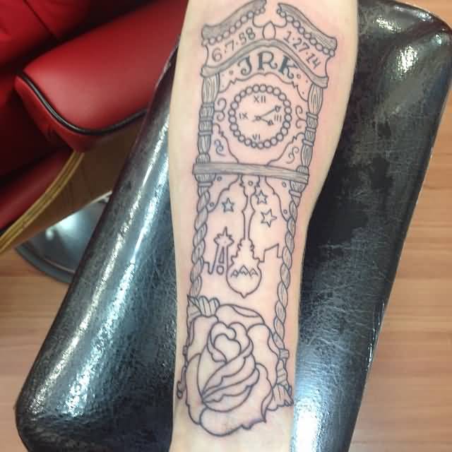 Outline Rose And Grandfather Clock Tattoo On Left Forearm