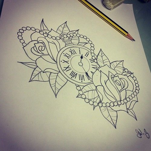 Outline Rose Flowers And Simple Clock Tattoo Design