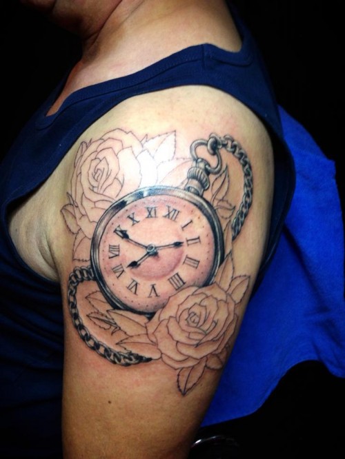 Outline Roses And Simple Clock Tattoo On Left Shoulder