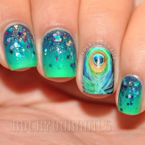 Peacock Feather Accent Nail Art Design