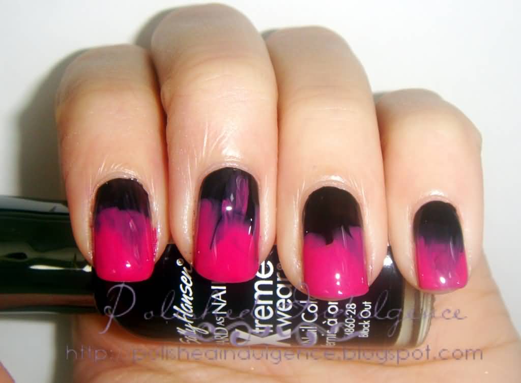 Pink And Black Gel Ombre Nail Art Design