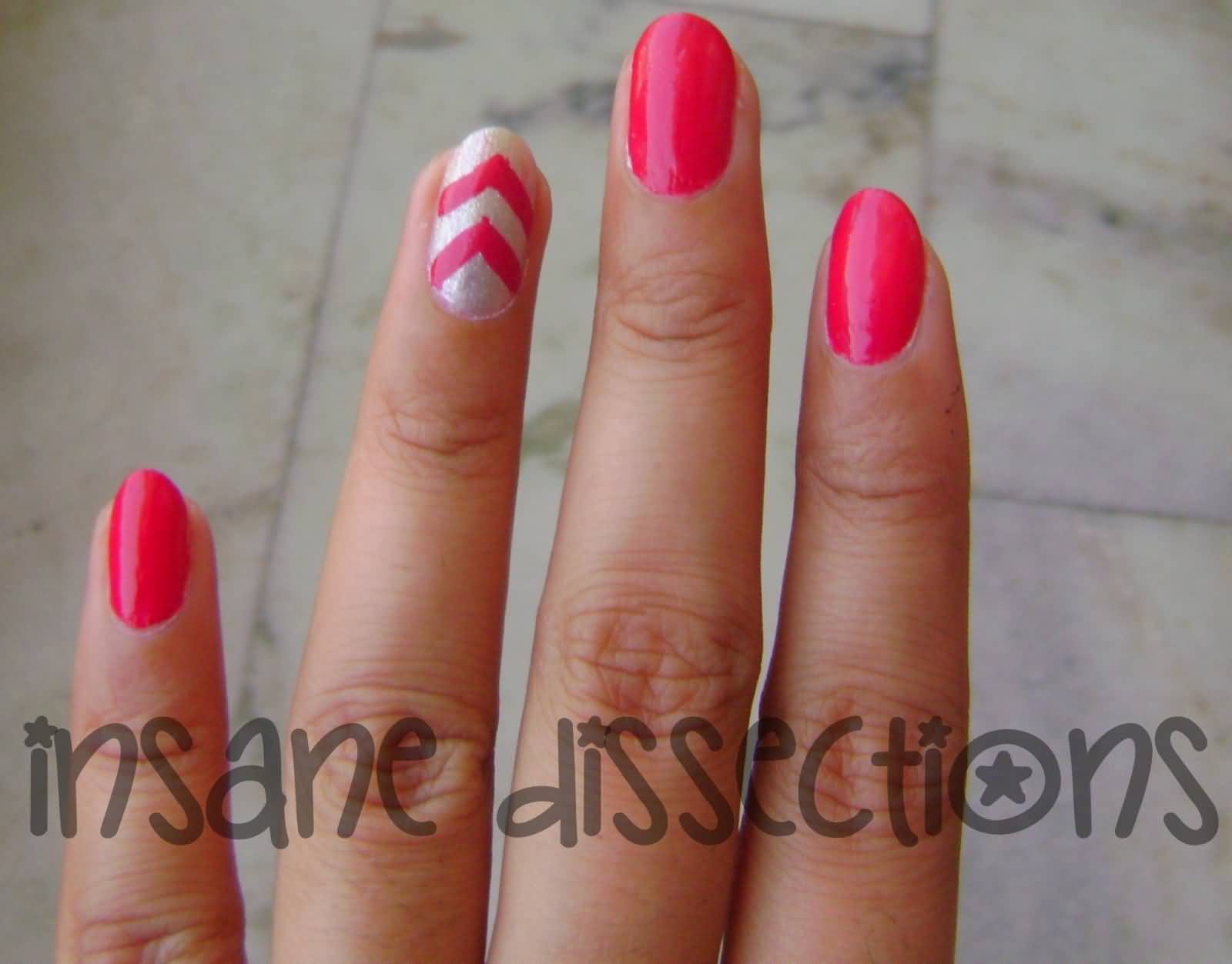 Pink And Silver Chevron Accent Nail Art