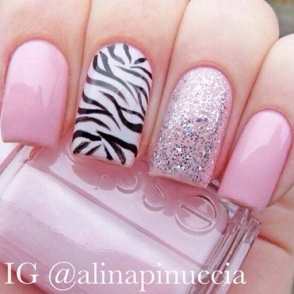 Pink And Zebra Print Accent Nail Art