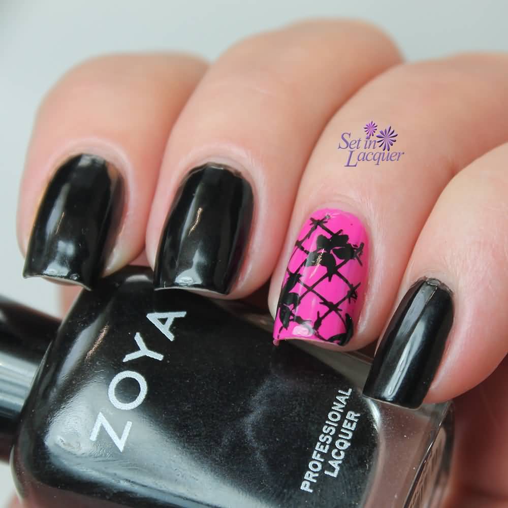 Pink Base With Black Floral Design Accent Nail Art
