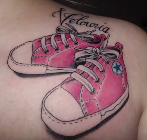 Pink Converse Shoes Tattoo On Back Shoulder
