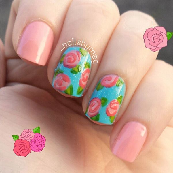 Pink Floral Accent Nail Art Design