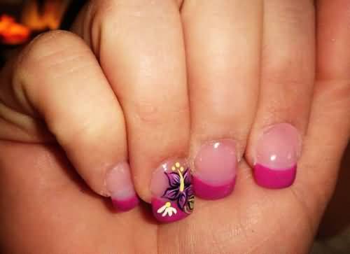 Pink French Tip Nails With Flower Accent Nail Art