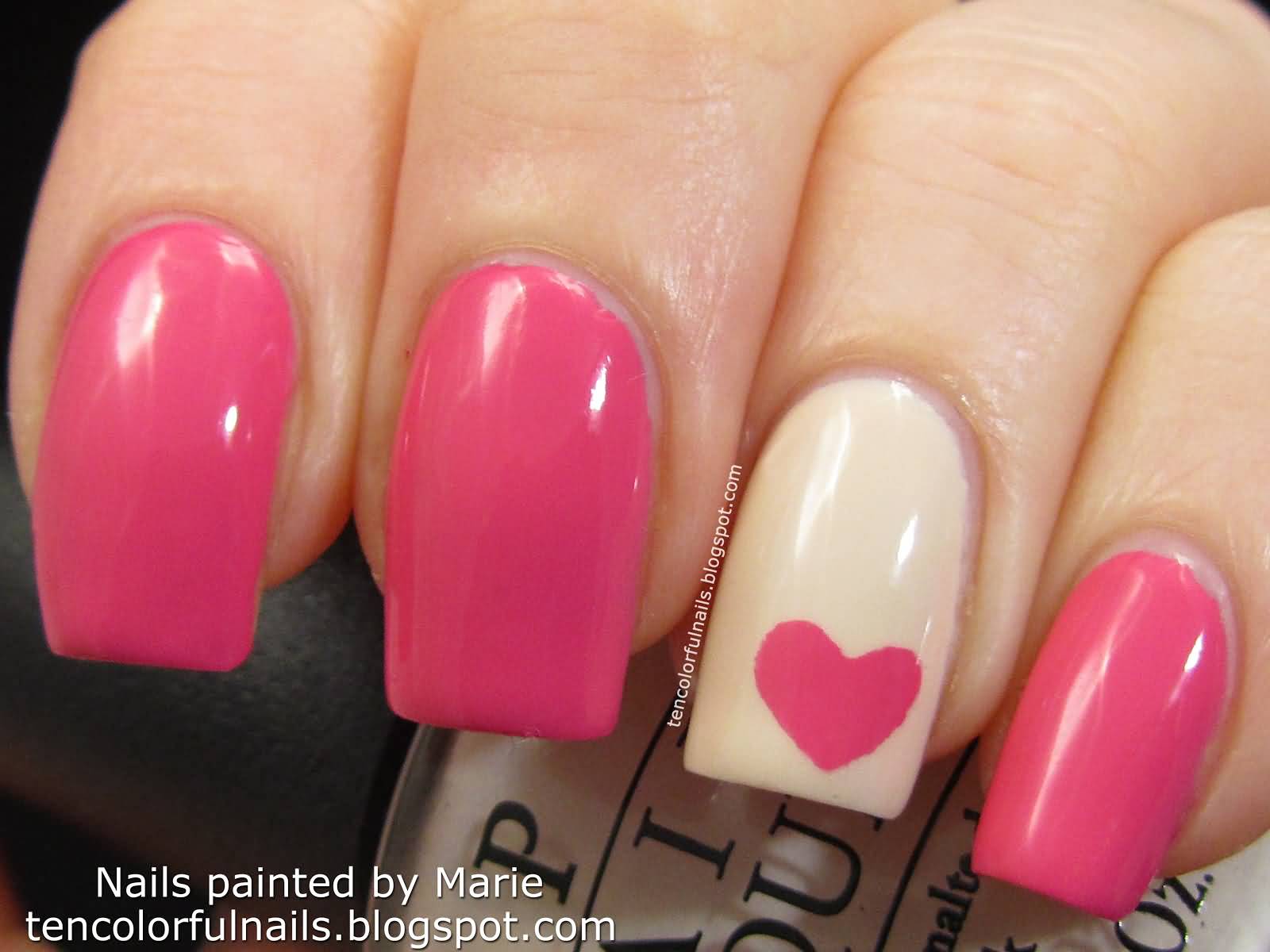 Pink Heart Accent Nail Art Design
