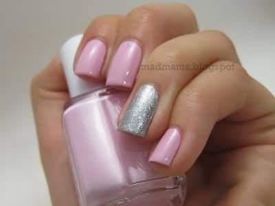 Pink Nails And Silver Glitter Accent Nail Art