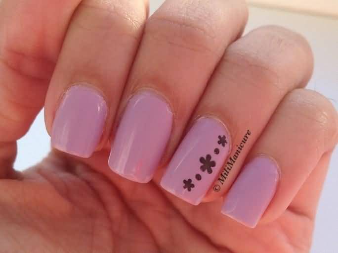 Pink Nails With Brown Flower Accent Nail Art