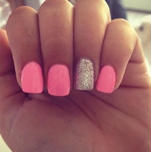 Pink Nails With Silver Glitter Accent Nail