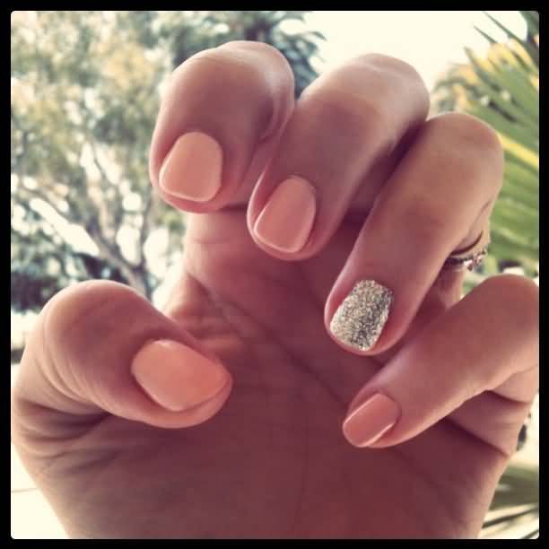 Pink Nude Nails With Silver Glitter Accent Nail Art