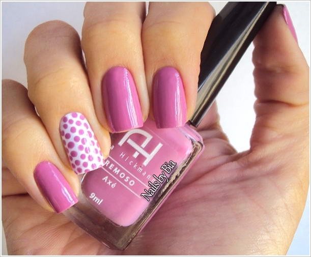 Pink Polka Dots On White Accent Nail Art