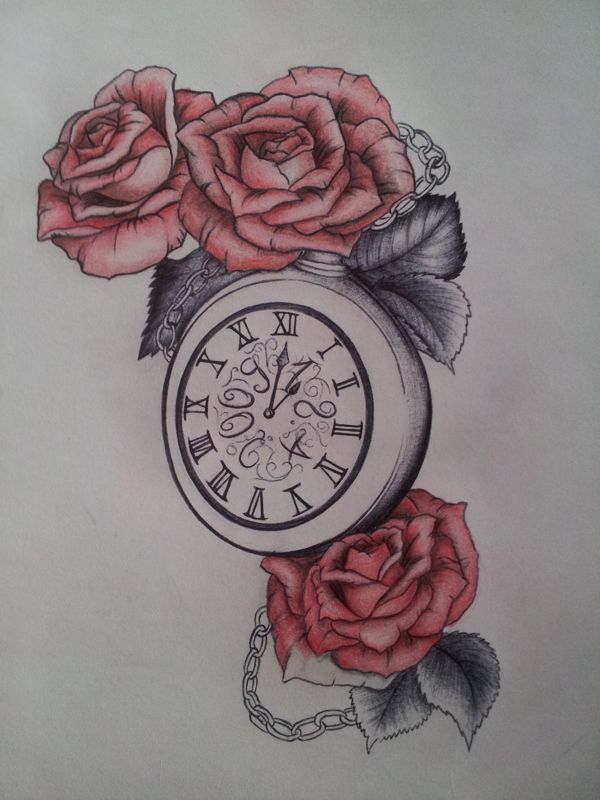 Pink Rose Flowers And Clock Tattoo Design Idea