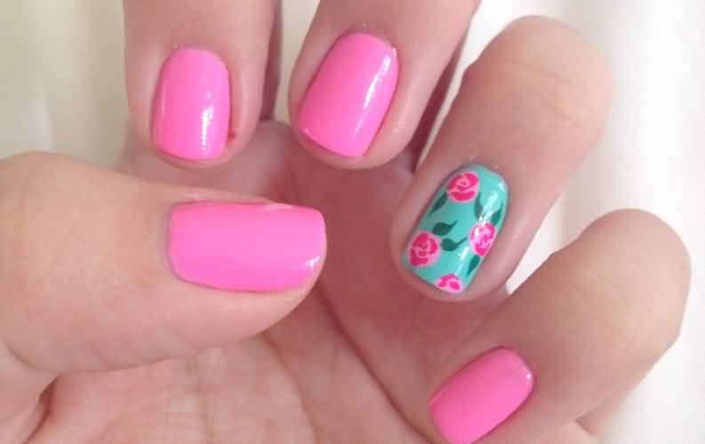 Pink Rose Flowers On Green Nails Accent Nail Art