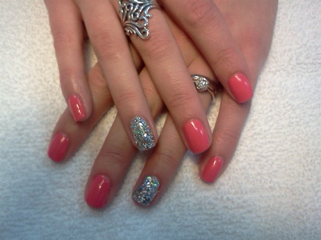 Pink Shellac With Silver Glitter Accent Nail Art