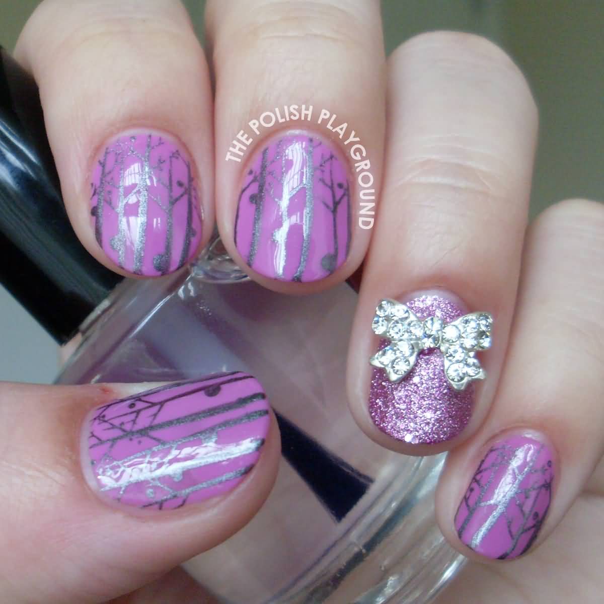 Pink Sparkle Nail With 3d Bow Accent Nail Art