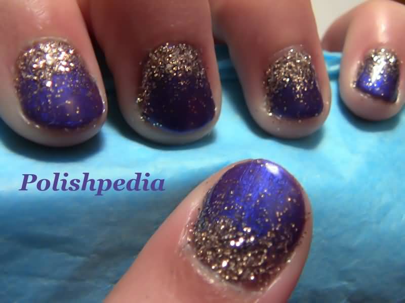 Purple And Golden Glitter Ombre Nail Art