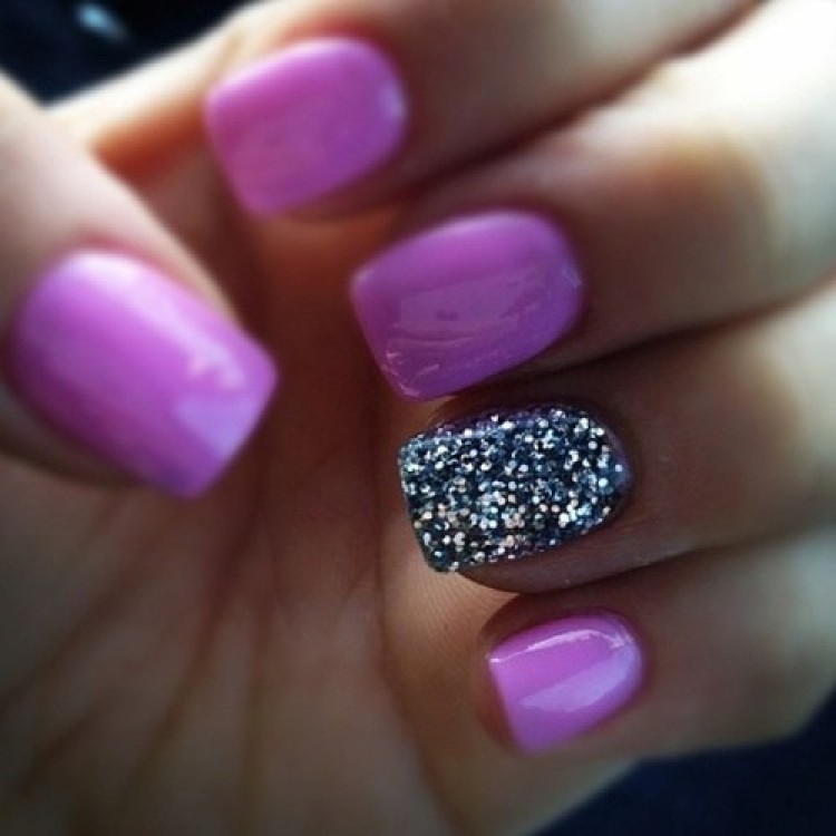 Purple Glossy Nails With Silver Glitter Accent Nail
