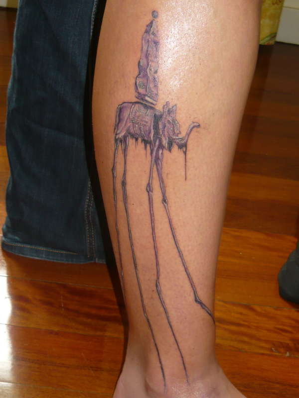 Purple Ink Dali Elephant Tattoo On Leg