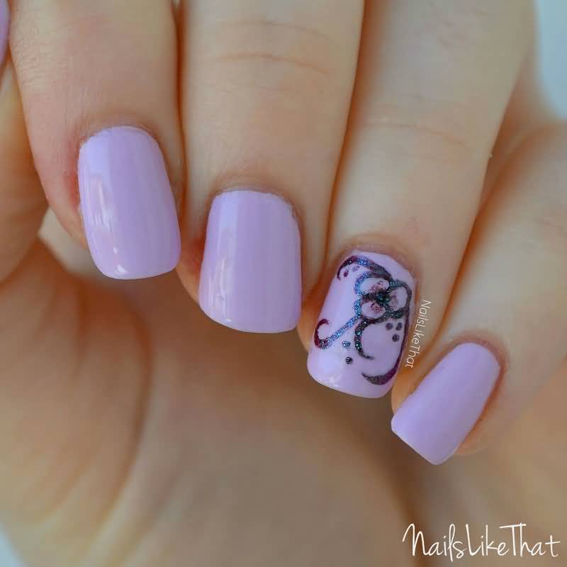Purple Nails With Sparkle Flower Accent Nail Art