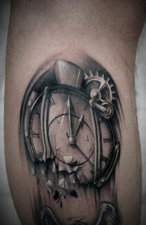 Realistic Broken Clock Tattoo On Arm