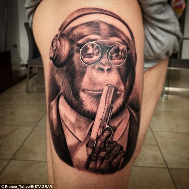 Realistic Chimpanzee With Gun Tattoo On Right Thigh