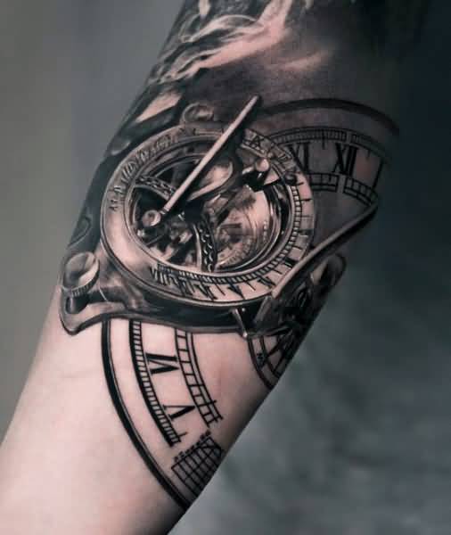 Realistic Clock Tattoo On Arm Sleeve