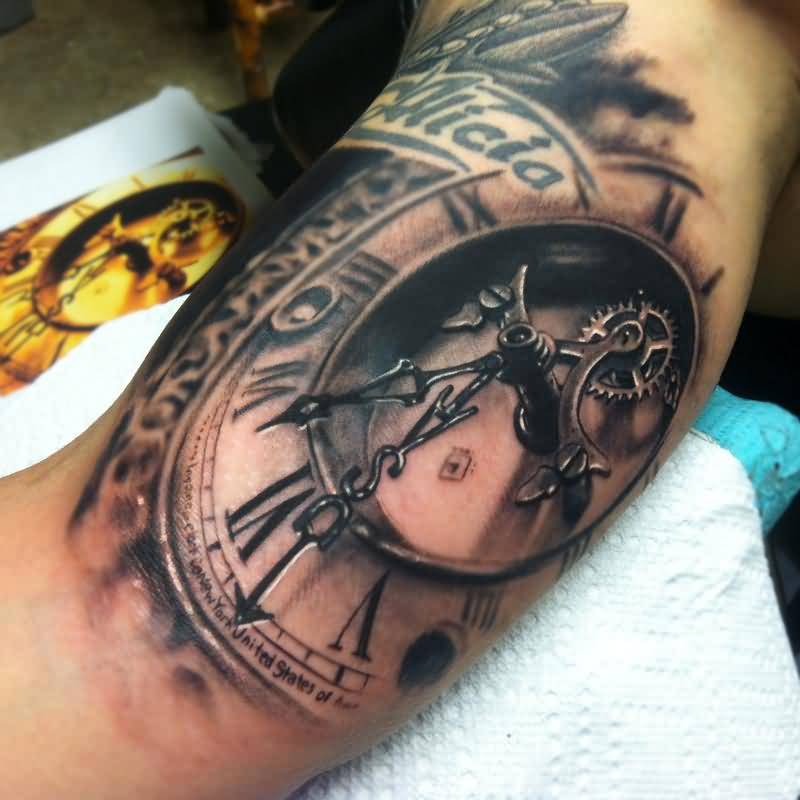 Realistic Clock Tattoo On Bicep by Johnny Smith