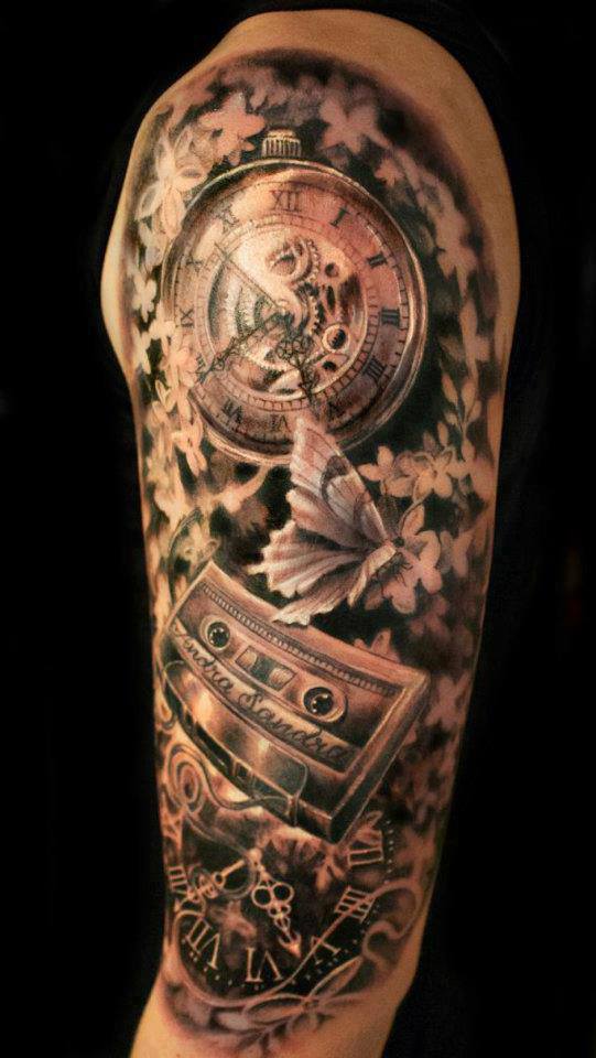 Realistic Clock Tattoo On Left Half Sleeve
