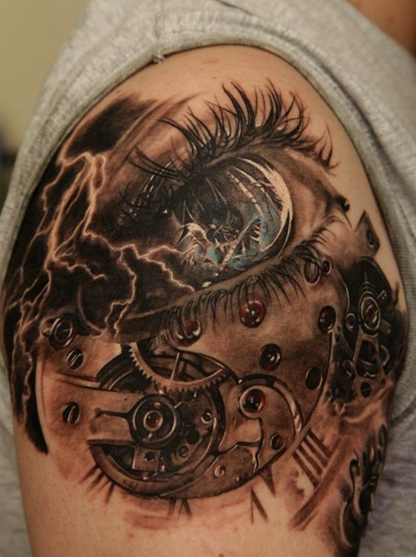 Realistic Eye And Clock Tattoo On Right Shoulder