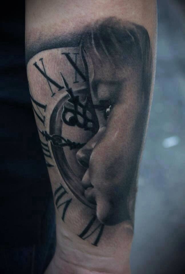 Realistic Grey Clock Tattoo On Arm