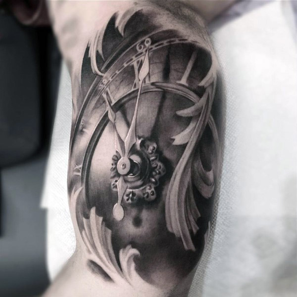 Realistic Grey Clock Tattoo On Arm Sleeve