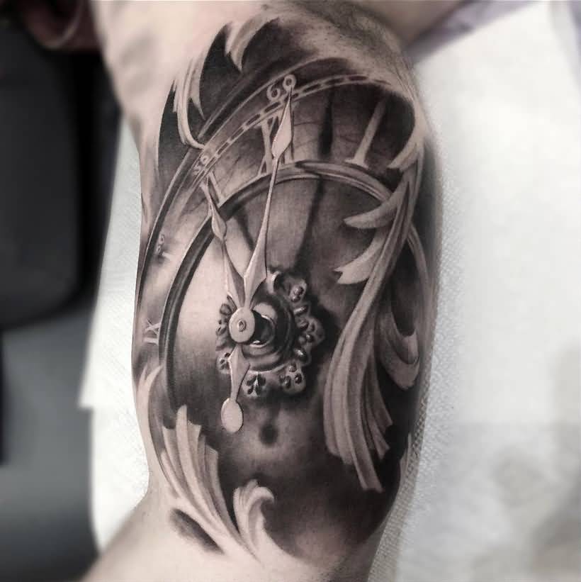 Realistic Grey Clock Tattoo On Bicep