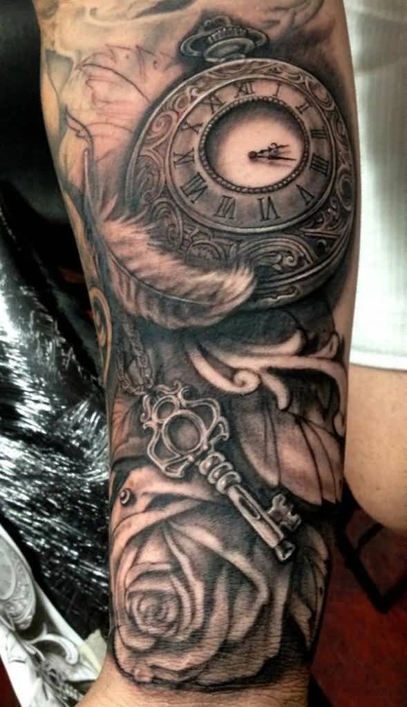 Realistic Grey Clock Tattoo On Left Sleeve