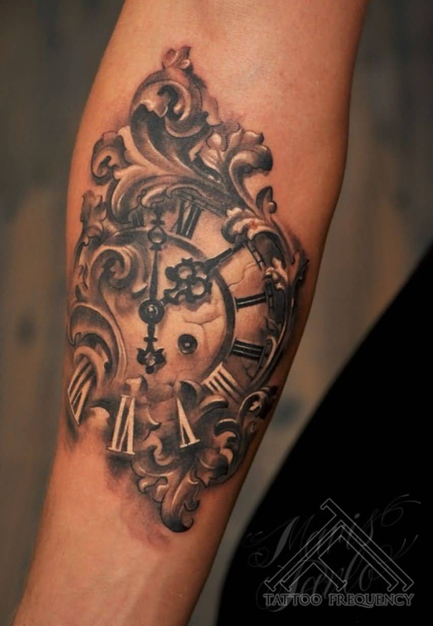 Realistic Grey Clock Tattoo On Right Forearm