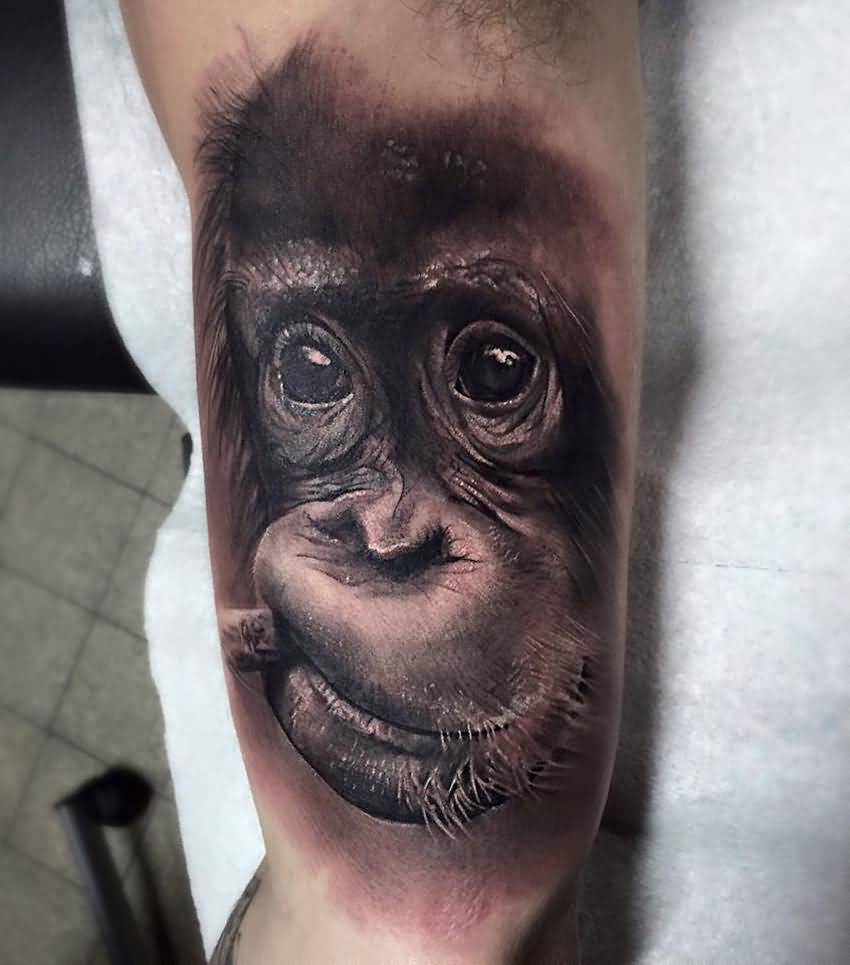 Realistic Grey Ink Chimpanzee Tattoo On Man Inner Bicep